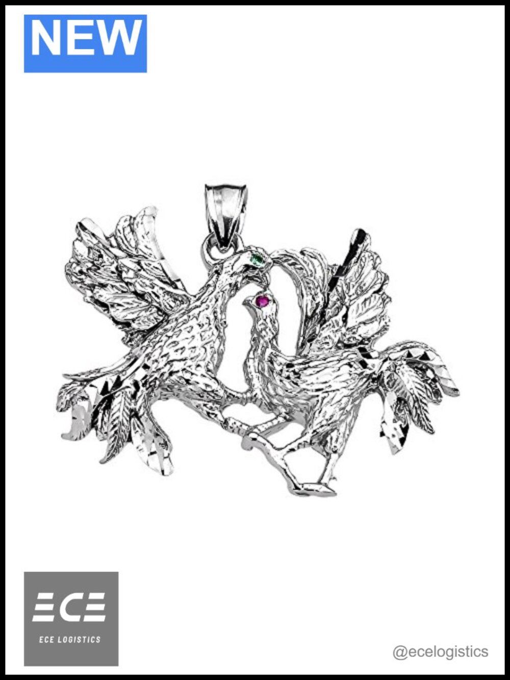 Sterling Silver CZ Fighting Roosters Pendant Necklace Charm